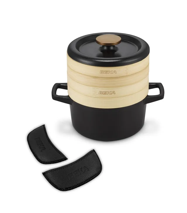 beka-nori-schmortopf-20-cm-schwarz-gusseisen-mit-dampfkorb-set image 1